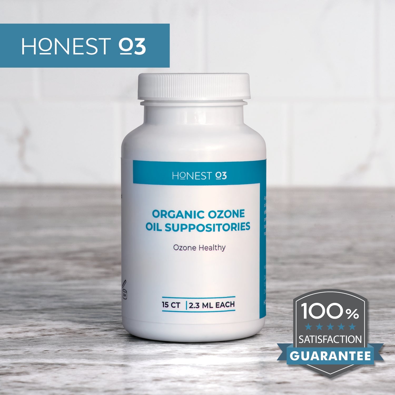 Honest O3 Organic Ozone Oil Suppositories bottle with 100% satisfaction guarantee graphic.