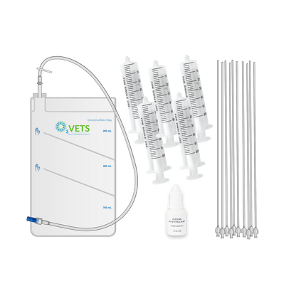 A collection of items for a rectal ozone admin kit including a 750ml insufflation bag, multiple rectal catheters, 60cc ozone syringes, and OA lubricant.