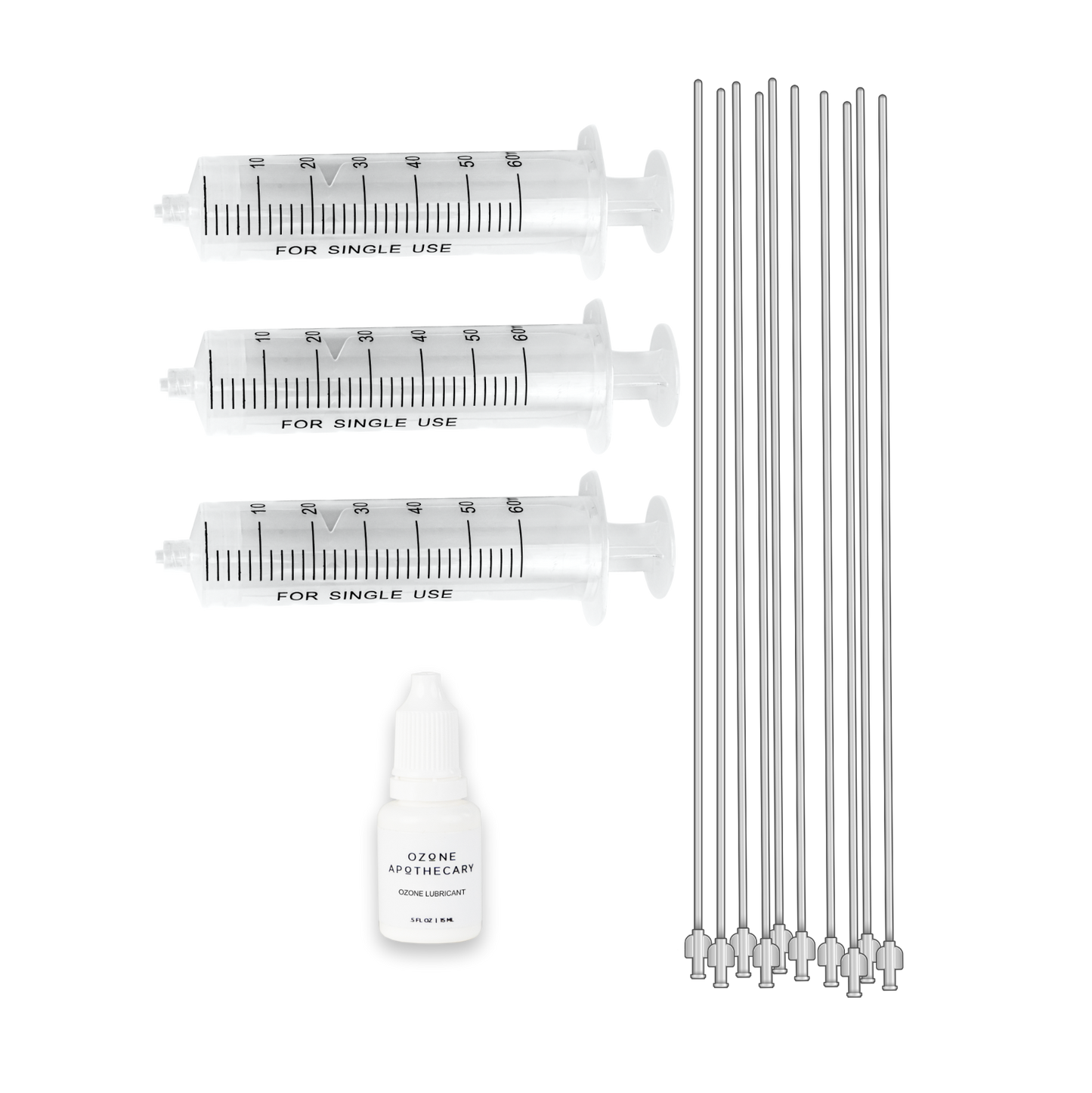 Three ozone syringes, ten rectal catheters, and a bottle of ozone lubricant, all laid out on a white background.