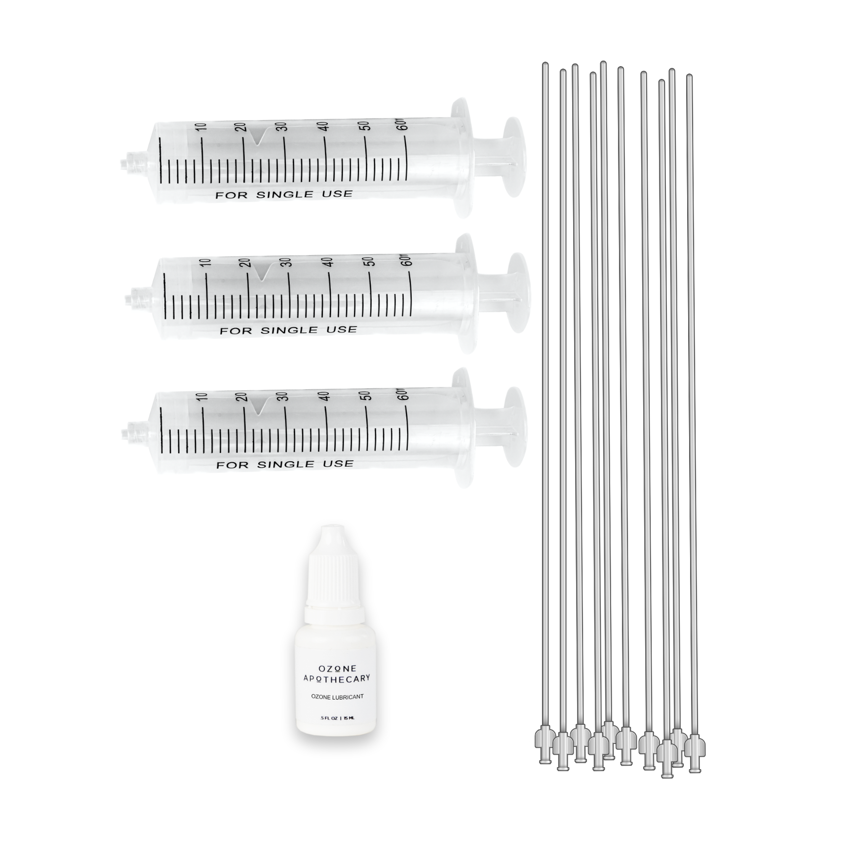 Three ozone syringes, ten rectal catheters, and a bottle of ozone lubricant, all laid out on a white background.