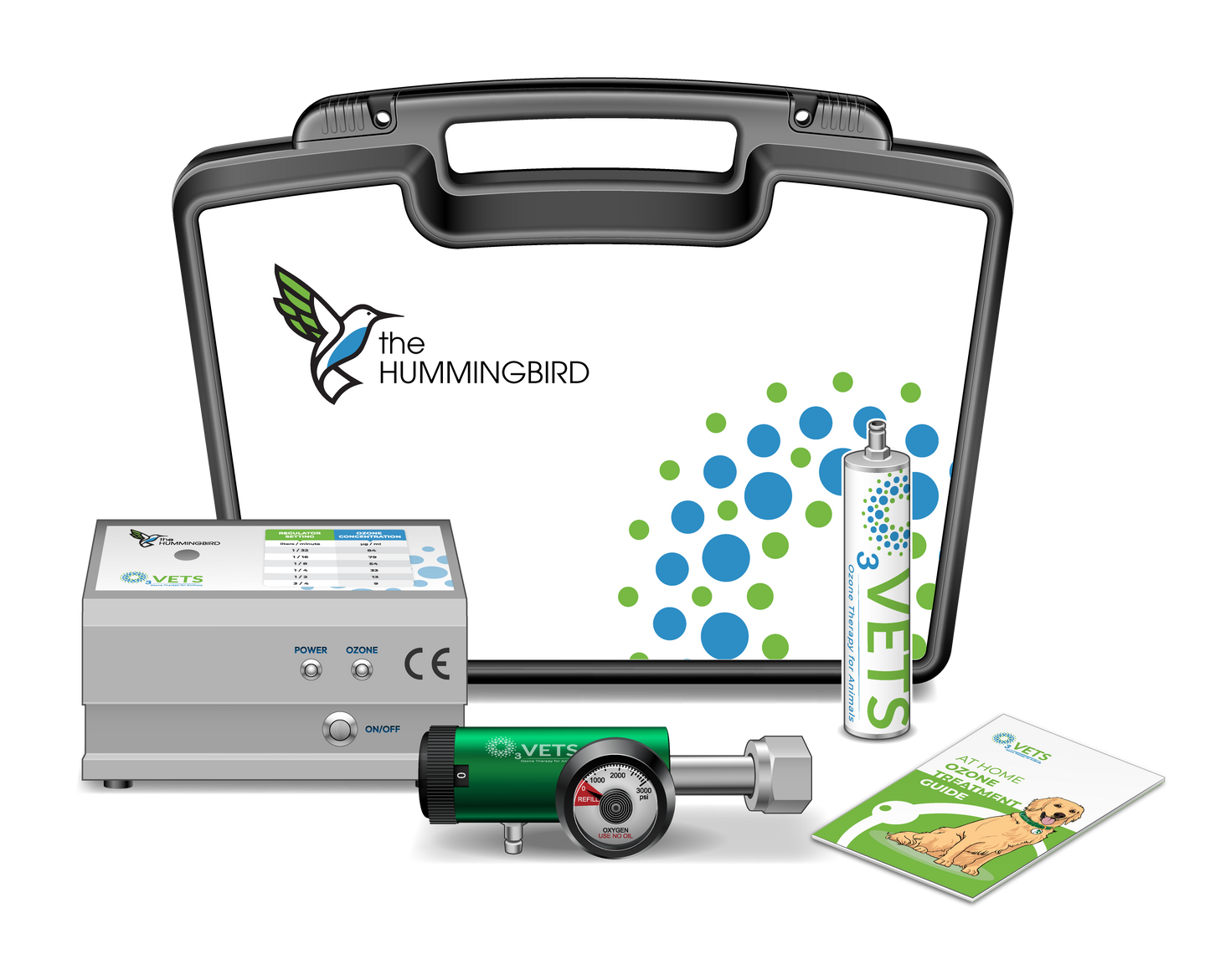 A collection of items including a Hummingbird Ozone Generator, a pediatric oxygen regulator, tubing, a hydrophobic valve, a 3-way stopcock, a carry case, and training materials. The items are displayed with the brand 'The Hummingbird' visible on the case and the generator.
